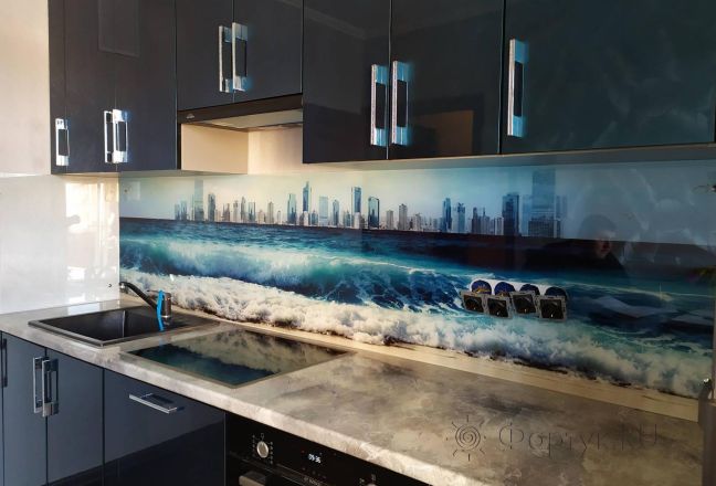 Стеклянная фото панель: волны, заказ #ИНУТ-4218, Синяя кухня. Изображение 244974