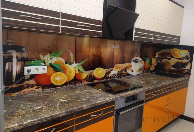 Фартук стекло фото: яркое утро: апельсины и кофе, заказ #ИНУТ-8601, Оранжевая кухня. Изображение 278318