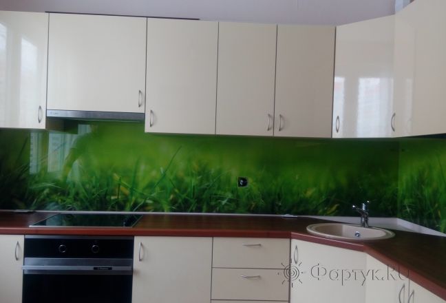 Фартук для кухни фото: зеленая трава, заказ #ИНУТ-945, Белая кухня. Изображение 111452