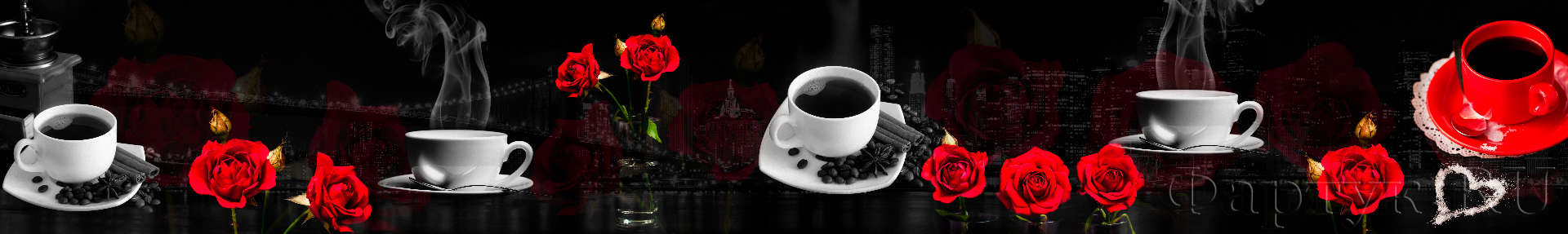 Красные розы и чашки кофе на фоне черно-белого города